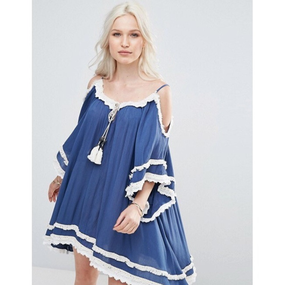 New Nwt Anthropologie Raga Ashlyn Fringe Cold Shoulder Babydoll Blue Dress S